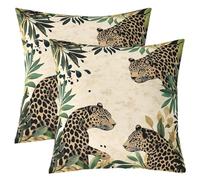 feelingyou Leopardo salvaje niños tirar cojín cubierta, guepardo animal planta hojas de doble cara, salvaje botánico safari salvaje, beige marrón cama sofá funda de cojín, 2 paquetes de 45 x 45 cm