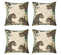 feelingyou Leopardo salvaje niños tirar cojín cubierta, guepardo animal planta hojas de doble cara, salvaje botánico safari salvaje, beige marrón cama sofá funda de cojín, 4 paquetes de 45 x 45 cm