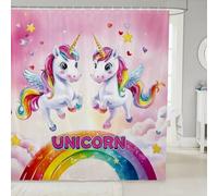 feelingyou Linda cortina de baño de unicornio, Kawaii 3D caballo unicornio animal cortina de ducha para niños niños acuarela estrellas arco iris nube impermeable cortina con ganchos para establos