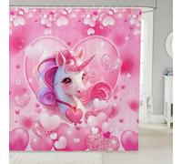 feelingyou Linda cortina de baño de unicornio, tema del amor, cortina de ducha en forma de corazón rosa 3D para niños y niños, Kawaii Animal Glitter romántico impermeable accesorio con gancho, tamaño