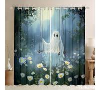 feelingyou Linda cortina de fantasma decoración del hogar, tema de Halloween, dibujos animados, fantasma, cortinas de ventana para niñas, niños, flores margaritas, flores florales, cortinas de