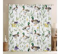 feelingyou Linda cortina de pato decoración del hogar, acuarela dibujos animados Mallard Hermosas cortinas de ventana de animales para niñas y niños, rústico, flores bohemias, hojas blancas para