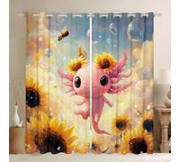 feelingyou Lindas cortinas de ventana axolotl, cortinas de decoración floral floral de girasoles amarillos de acuarela, estampado de animales de dibujos animados rosa océano cortinas de ventana