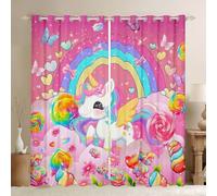 feelingyou Lindas cortinas de ventana de unicornio para dormitorio, tamaño S arco iris nube flores piruletas dulces sombra decoración del hogar rosa hada cuento estilo dibujos animados cortinas de
