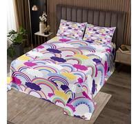 feelingyou Lindo arco iris ropa de cama tamaño L, acuarela Kawaii Rainbow Print Quilt Set con 2 fundas de almohada, Nube abstracta curva microfibra Coverlet Set para niños adultos, transpirable