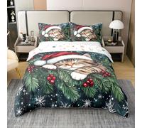 feelingyou Lindo gato 100% natural algodón edredón tamaño L invierno acebo bayas copo de nieve niñas juego de ropa de cama Kawaii mascota Feliz Navidad colcha cubierta, 3 piezas