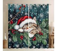 feelingyou Lindo gato cortinas de ventana, tamaño XXL invierno acebo bayas copo de nieve sombra decoración del hogar Kawaii Mascota Feliz Navidad cortinas de ventana para niños