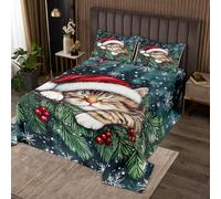 feelingyou Lindo gato edredón con 2 fundas de almohada invierno acebo bayas copo de nieve Coverlet tamaño M para adolescentes adultos Kawaii mascota Feliz Navidad Ropa de cama acolchada
