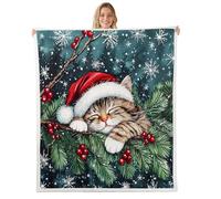 feelingyou Lindo gato tirando manta, tamaño de invierno, bayas de acebo, copo de nieve, cama para adolescentes, Kawaii, mascota, Feliz Navidad, decoración del hogar para sofá