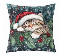 feelingyou Lindo gato tirar funda de cojín, 45 x 45 cm invierno acebo bayas copo de nieve funda de cojín para niños kawaii mascota feliz Navidad cubierta de almohada
