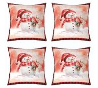 feelingyou Lindo muñeco de nieve almohada caso 50x50cm Navidad Check Plaid Cojín Cubierta para adultos Rosa Rosa Floral Navidad Fundas para Salón Acuarela Juego de 4