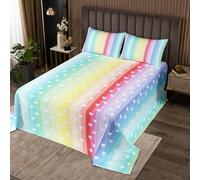 feelingyou Lindos corazones ropa de cama para niños y niños, Kawaii Rainbow Gradient Lines Print Coverlet Set Decoración Dormitorio Decoración Romántica Amor Rayas Quilt Set con 1 Almohada Sham