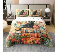 feelingyou Lovely Cat M Tamaño 2 Piezas Vintage Libros Dibujos Animados Cute Kitty 100% Algodón Edredón Cubierta para Niños Colorido Retro Flores Jardín Plantas Cubierta Edredón, 1 Funda de Almohada