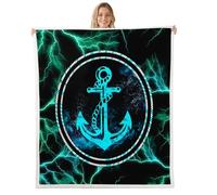 feelingyou Manta de ancla náutica para niños, tema del océano, ancla azul, impresión Sherpa manta para niñas adolescentes, verde rayo negro poliéster decoración manta de forro polar, tamaño de tiro