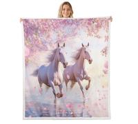 feelingyou Manta de caballo rosa 3D con animales salvajes, estilo romántico, manta mullida para niños, adolescentes y adultos, pétalos de flor de cerezo, estilo primaveral, manta de forro polar para