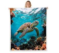 feelingyou Manta de forro polar 3D, diseño de tortuga, tamaño Géminis, diseño de estrella de mar con perlas, cama de coral, para adolescentes, animales marinos rústicos, decoración del hogar para