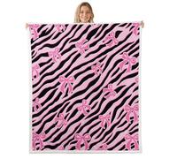 feelingyou Manta de forro polar con lazo rosa, tamaño gemelos, estampado de cebra, piel de animal salvaje, cama negra para adolescentes, niñas, lazo para decoración del hogar para oficina