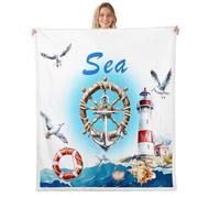 feelingyou Manta de forro polar náutica para niños, ancla timón verano playa impresión manta para adultos, faro azul océano ligero poliéster sofá Sherpa manta tamaño Queen