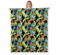 feelingyou Manta de franela de loro acuarela para todas las estaciones, manta de cama rústica con flores tropicales de cactus para decoración del hogar kawaii, manta verde de pájaros, jardín