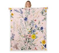 feelingyou Manta de tiro de flores bohemias, tamaño Queen Purple Pink Yellow Flowers Bed para adultos Hojas verdes planta naturaleza decoración del hogar para la cama