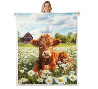 feelingyou Manta de tiro de ganado de Highland, tamaño Queen Linda margarita bonita flor decoración cama para adultos Vintage granja rural animales salvajes plantas decoración del hogar para cama