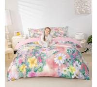 feelingyou Margarita de flores para niños tamaño S acuarela hermosas flores manta cubierta para dormitorio hojas verdes planta lazo rosa juego de ropa de cama (1 contenedor de almohada)