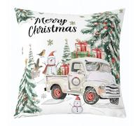 feelingyou Merry Christmas Funda de cojín, 55 x 55 cm, Kawaii Reno Rústico Truck Funda de Cojín para Adultos Pino Verde Bola Roja Pájaro Cubierta de Cojín