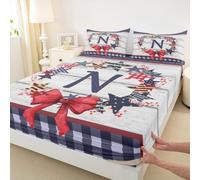 feelingyou Monograma de lazo rojo N chapa empotrada tamaño S estilo vintage estrellas impresión edredón, 1 funda de almohada 4 de julio Día de los Recuerdos Patriótico Juego de ropa de cama para niños