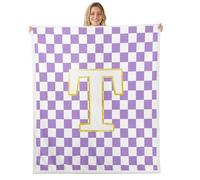 feelingyou Monograma Letra T Manta de forro polar, tamaño X Personalizado Inicial Letras de Moda Cama Lanzamiento para Niños Púrpura Blanco Tablero de Ajedrez Patrón Decoración del Hogar para