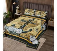 feelingyou Náutico Ancla Edredón Retro Ocean Adventure Theme Coverlet Set Decoración Dormitorio Suave Acolchado Sealife Starfish Green Plaid Quilt Set con 2 Cojines Sham, tamaño L