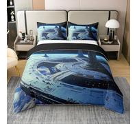 feelingyou Nave espacial impresión 100% algodón natural edredón cubierta tamaño S,Moderno Planeta azul fresco manta cubierta con 1 funda de almohada,Estrellas Galaxy Universo Negro Lujo Juego