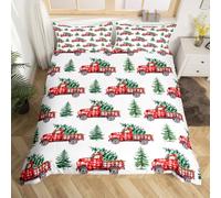 feelingyou Navidad rojo camión S tamaño ropa de cama conjuntos 2 piezas,Acuarela verde pino edredón para niños,Navidad rústica casa de campo estilo colcha cubierta con 1 funda de almohada,Sin manta