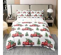 feelingyou Navidad rojo camión tamaño L tamaño 3 piezas 100% algodón acuarela verde pino pino edredón para niños Navidad rústica casa de campo estilo colcha cubierta, 2 contenedores de almohada(Sin