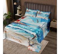 feelingyou Ocean Beach Edredón tamaño L, diseño de faro de velero con ancla, juego de edredón náutico con 2 fundas de almohada, acuarela de verano Blue Waves Microfibra Coverlet Set para niños y