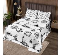 feelingyou Ocean Lighthouse Coverlet Set M Size Náutico Ancla Brújula Sea Beach Print Durable Edredón para Niñas Adolescentes Negro Natural Bosquejo Pintura Suave Edredón Set con 2 Fundas de Almohada