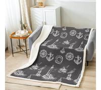 feelingyou Ocean Theme Manta de forro polar, diseño de ancla náutica, faro de playa, manta de tiro para hombre adulto, estilo natural de mar, diseño de mano gris, manta ligera de poliéster sherpa para