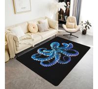 feelingyou Octopus Alfombra de Salón 100 x 150 cm Misterio Mundo Submarino Dormitorio Alfombra para Niños Adolescentes Retro Lindo Océano Animal Azul Negro Alfombra Interior Decoración del Hogar