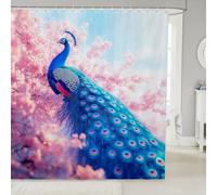 feelingyou Panel de cortina de baño de pavo real azul, rosa flor de cerezo floral impermeable cortina de ducha, flores de ensueño hermosas plumas accesorios de baño con 12 ganchos, tamaño M