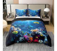 feelingyou Pez tropical 100% Natural Algodón Edredón Tamaño XL Colorido Peces Coral Ropa de Cama Set Azul Océano Vida Marina Edredón Cubierta, 3pcs