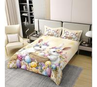 feelingyou Primavera Pascua 100% algodón natural edredón tamaño L huevo de Pascua lindo conejo niña ropa de cama conjunto floral flores primavera cubierta de edredón, 3 piezas