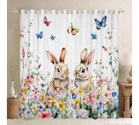 feelingyou Primavera Pascua cortinas de ventana, XXL tamaño conejito lindo conejo flor sombra decoración del hogar Floral granja acuarela cortinas para niños