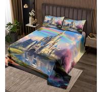feelingyou Princesa Castillo Coverlet Set M Size Rainbow Dreaming Hadas Tema Durable Edredón para Niñas Adolescentes Rosa Flor Floral Lago Planta Quilt Set con 2 fundas de almohada