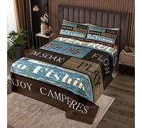 feelingyou River Rules Quilt Bedding Set M Size,Fishing Boating Camping Lake Time Bedspread Coverlet for Girls Teens,Retro Rustic Farmhouse Wooden Board Soft Polyester Quilt Set