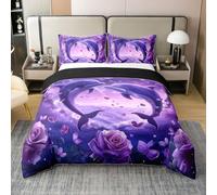 feelingyou Romántico Delfín 100% Natural Algodón Edredón Tamaño S Púrpura Flor de ensueño Amor Decoración Juego de Ropa de Cama Linda Acuarela Paisaje Natural Animales Manta Cubierta, 2pcs