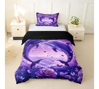 feelingyou Romántico Delfín Niños Edredón Tamaño S Púrpura Flor de ensueño Amor Decoración Manta Cubierta para Dormitorio Linda Acuarela Paisaje Natural Animales Ropa de Cama Set (1 Contenedor de