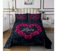 feelingyou Romántico edredón rosa 2pcs San Valentín Tema Amor Flor Coverlet Quilt para niños adolescentes adultos moda estampado leopardo azul ropa de cama Set S tamaño S
