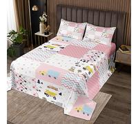feelingyou Ropa de cama infantil de coche de dibujos animados para niños y niños, BAU camión tractor grúa impresión Coverlet Set decoración de habitación funda nórdica femenina rosa rayas blancas