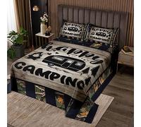 feelingyou Ropa de cama para niños Happy Camping Quilt tamaño M, diseño de rayas de camuflaje, funda de edredón para niñas adolescentes, RV Auto RV rústico, casa de campo, suave poliéster, juego de
