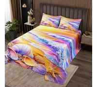 feelingyou Sea Beach Coverlet Set M Size Purple Blue Ocean Waves Print Durable Edredón para Niñas Adolescentes Concha 3D Estrellas de Mar Golden Sunset Soft Poliéster Quilt Set con 2 fundas de