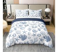 feelingyou Sealife 100 % algodón natural edredón tamaño M Coral Starfish concha concha niños juego de cama acuarela azul blanco manta cubierta, 2 piezas